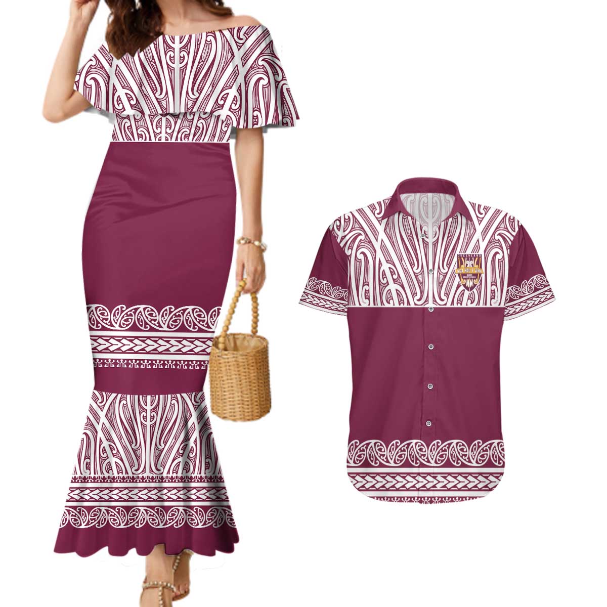 Queensland Maori Nga Hau E Wha Custom Couples Matching Mermaid Dress and Hawaiian Shirt Polynesian Maori Tribal Pattern LT9 Maroon - Polynesian Pride