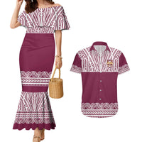 Queensland Maori Nga Hau E Wha Custom Couples Matching Mermaid Dress and Hawaiian Shirt Polynesian Maori Tribal Pattern LT9 Maroon - Polynesian Pride