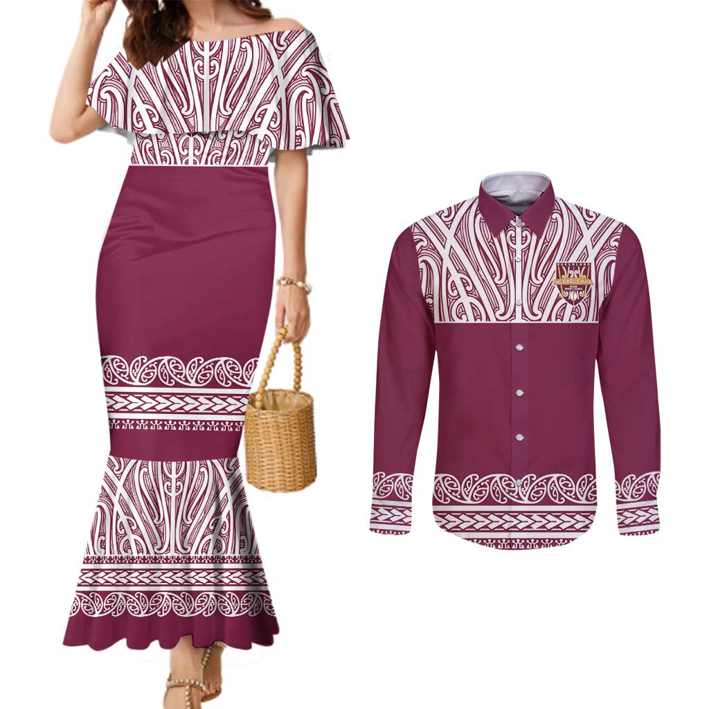 Queensland Maori Nga Hau E Wha Custom Couples Matching Mermaid Dress and Long Sleeve Button Shirt Polynesian Maori Tribal Pattern LT9 Maroon - Polynesian Pride