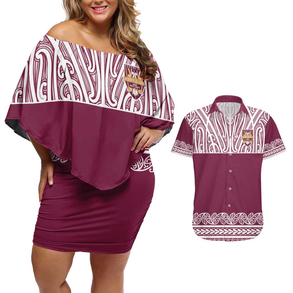 Queensland Maori Nga Hau E Wha Custom Couples Matching Off Shoulder Short Dress and Hawaiian Shirt Polynesian Maori Tribal Pattern LT9 Maroon - Polynesian Pride
