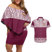 Queensland Maori Nga Hau E Wha Custom Couples Matching Off Shoulder Short Dress and Hawaiian Shirt Polynesian Maori Tribal Pattern LT9 Maroon - Polynesian Pride