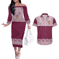 Queensland Maori Nga Hau E Wha Custom Couples Matching Off The Shoulder Long Sleeve Dress and Hawaiian Shirt Polynesian Maori Tribal Pattern LT9 Maroon - Polynesian Pride