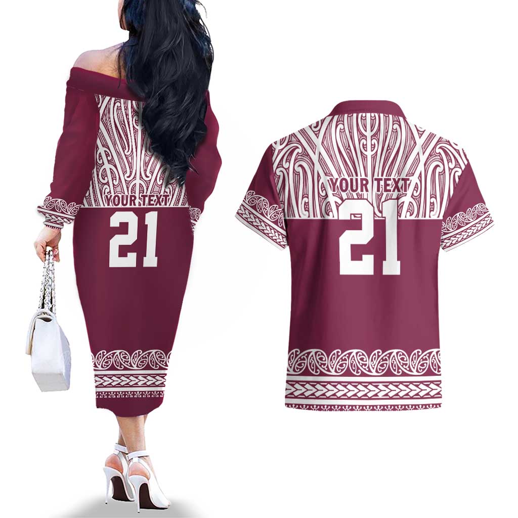 Queensland Maori Nga Hau E Wha Custom Couples Matching Off The Shoulder Long Sleeve Dress and Hawaiian Shirt Polynesian Maori Tribal Pattern LT9 - Polynesian Pride