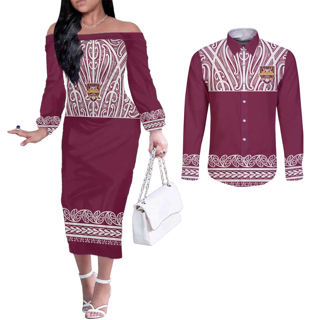 Queensland Maori Nga Hau E Wha Custom Couples Matching Off The Shoulder Long Sleeve Dress and Long Sleeve Button Shirt Polynesian Maori Tribal Pattern LT9 Maroon - Polynesian Pride