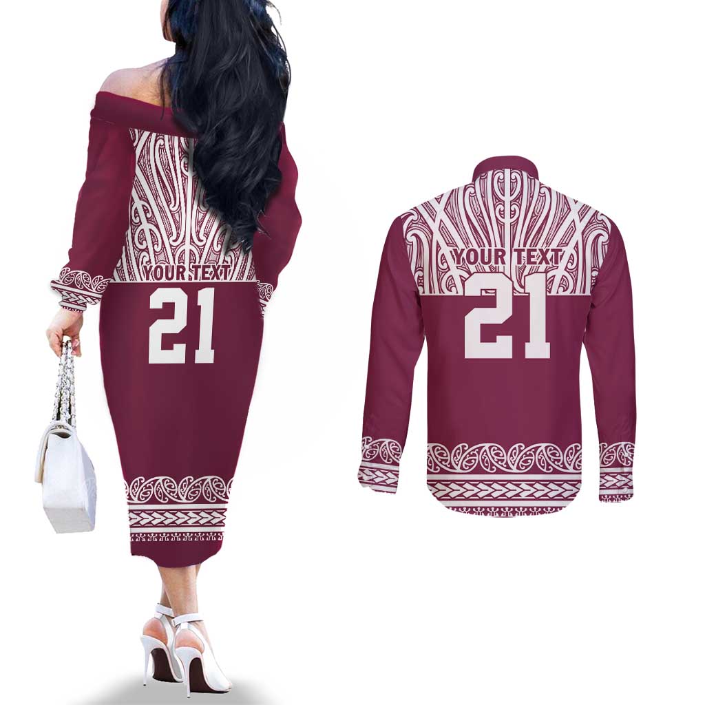 Queensland Maori Nga Hau E Wha Custom Couples Matching Off The Shoulder Long Sleeve Dress and Long Sleeve Button Shirt Polynesian Maori Tribal Pattern LT9 - Polynesian Pride