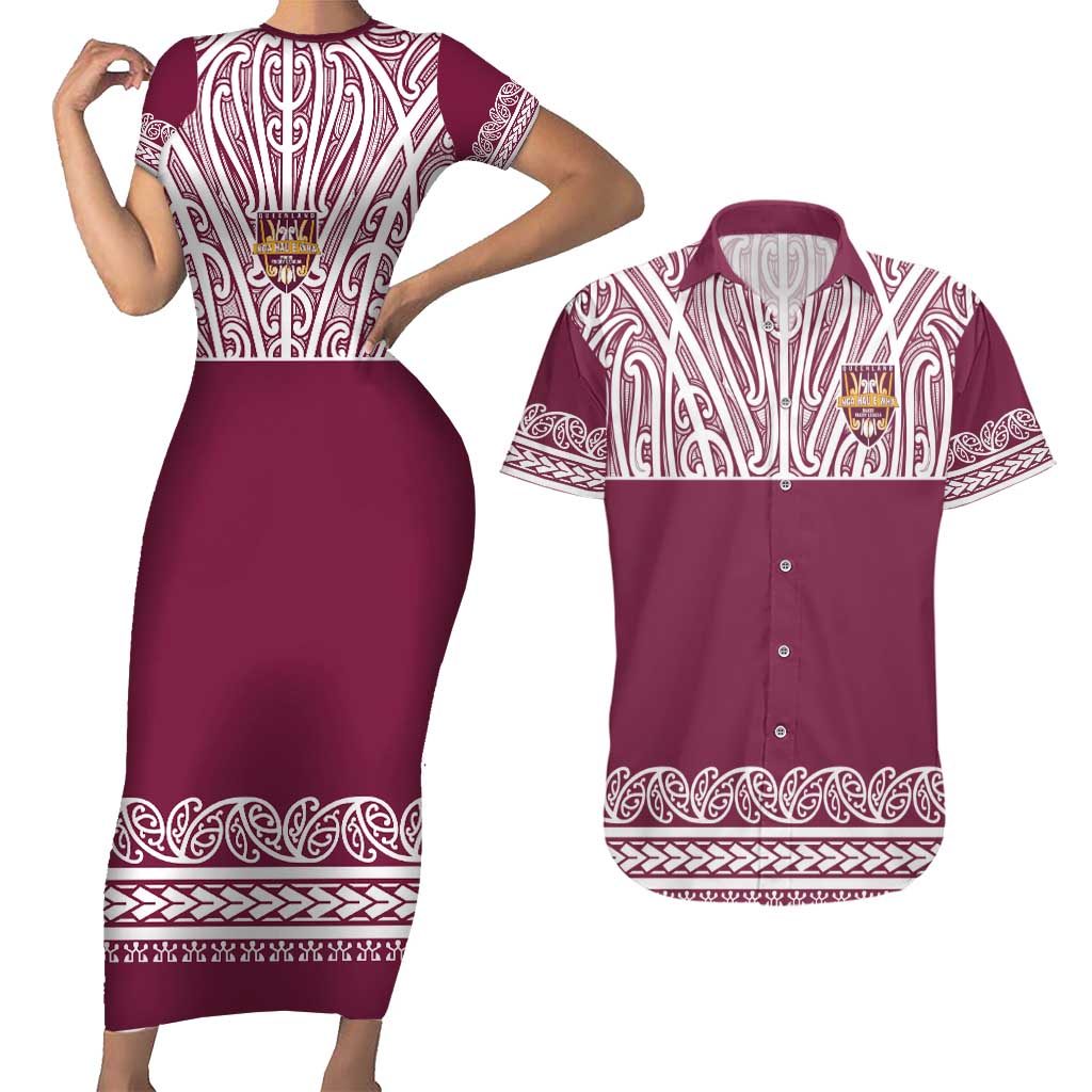 Queensland Maori Nga Hau E Wha Custom Couples Matching Short Sleeve Bodycon Dress and Hawaiian Shirt Polynesian Maori Tribal Pattern LT9 Maroon - Polynesian Pride