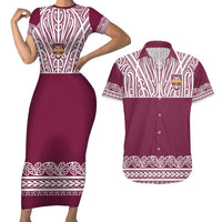 Queensland Maori Nga Hau E Wha Custom Couples Matching Short Sleeve Bodycon Dress and Hawaiian Shirt Polynesian Maori Tribal Pattern LT9 Maroon - Polynesian Pride