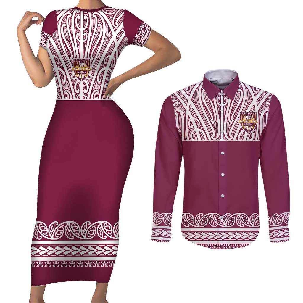 Queensland Maori Nga Hau E Wha Custom Couples Matching Short Sleeve Bodycon Dress and Long Sleeve Button Shirt Polynesian Maori Tribal Pattern LT9 Maroon - Polynesian Pride