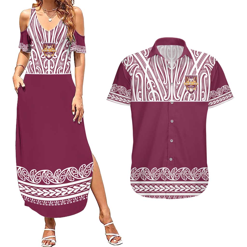 Queensland Maori Nga Hau E Wha Custom Couples Matching Summer Maxi Dress and Hawaiian Shirt Polynesian Maori Tribal Pattern LT9 Maroon - Polynesian Pride
