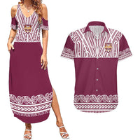 Queensland Maori Nga Hau E Wha Custom Couples Matching Summer Maxi Dress and Hawaiian Shirt Polynesian Maori Tribal Pattern LT9 Maroon - Polynesian Pride