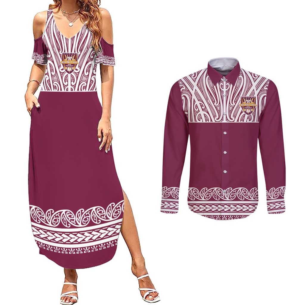 Queensland Maori Nga Hau E Wha Custom Couples Matching Summer Maxi Dress and Long Sleeve Button Shirt Polynesian Maori Tribal Pattern LT9 Maroon - Polynesian Pride