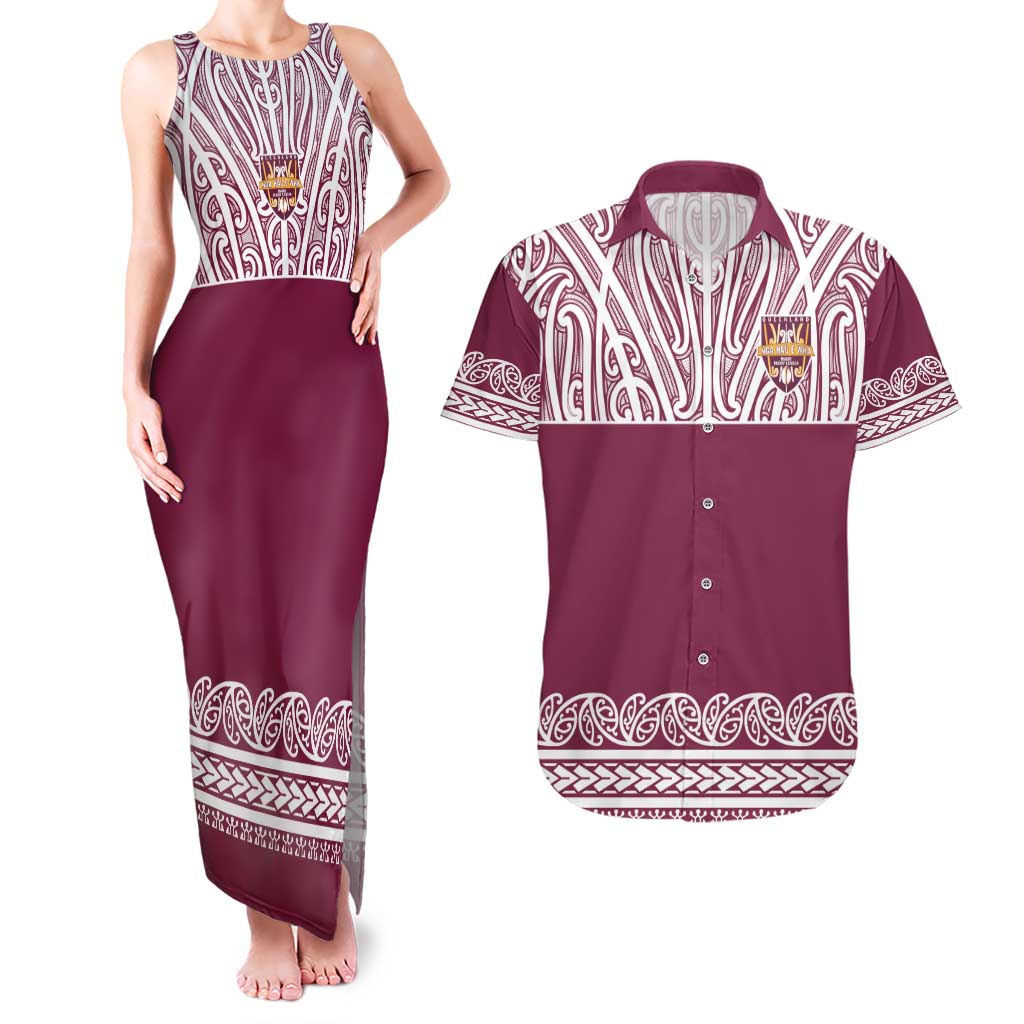 Queensland Maori Nga Hau E Wha Custom Couples Matching Tank Maxi Dress and Hawaiian Shirt Polynesian Maori Tribal Pattern LT9 Maroon - Polynesian Pride