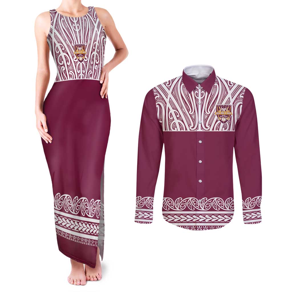 Queensland Maori Nga Hau E Wha Custom Couples Matching Tank Maxi Dress and Long Sleeve Button Shirt Polynesian Maori Tribal Pattern LT9 Maroon - Polynesian Pride