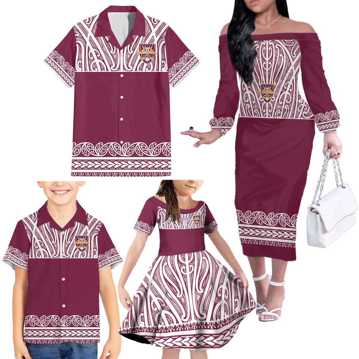 Queensland Maori Nga Hau E Wha Custom Family Matching Off The Shoulder Long Sleeve Dress and Hawaiian Shirt Polynesian Maori Tribal Pattern LT9 - Polynesian Pride