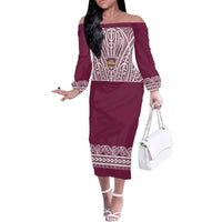 Queensland Maori Nga Hau E Wha Custom Family Matching Off The Shoulder Long Sleeve Dress and Hawaiian Shirt Polynesian Maori Tribal Pattern LT9 Mom's Dress Maroon - Polynesian Pride