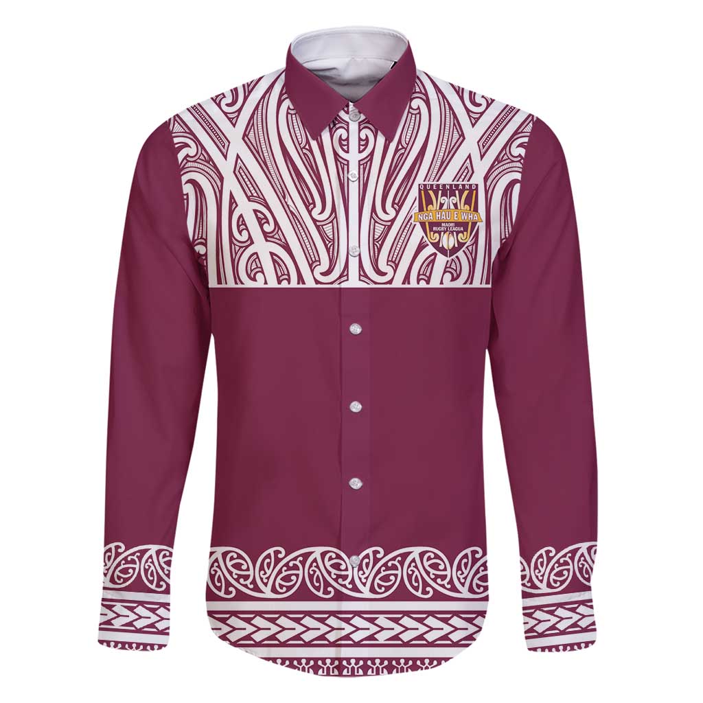 Queensland Maori Nga Hau E Wha Custom Family Matching Off Shoulder Maxi Dress and Hawaiian Shirt Polynesian Maori Tribal Pattern LT9 Dad's Shirt - Long Sleeve Maroon - Polynesian Pride