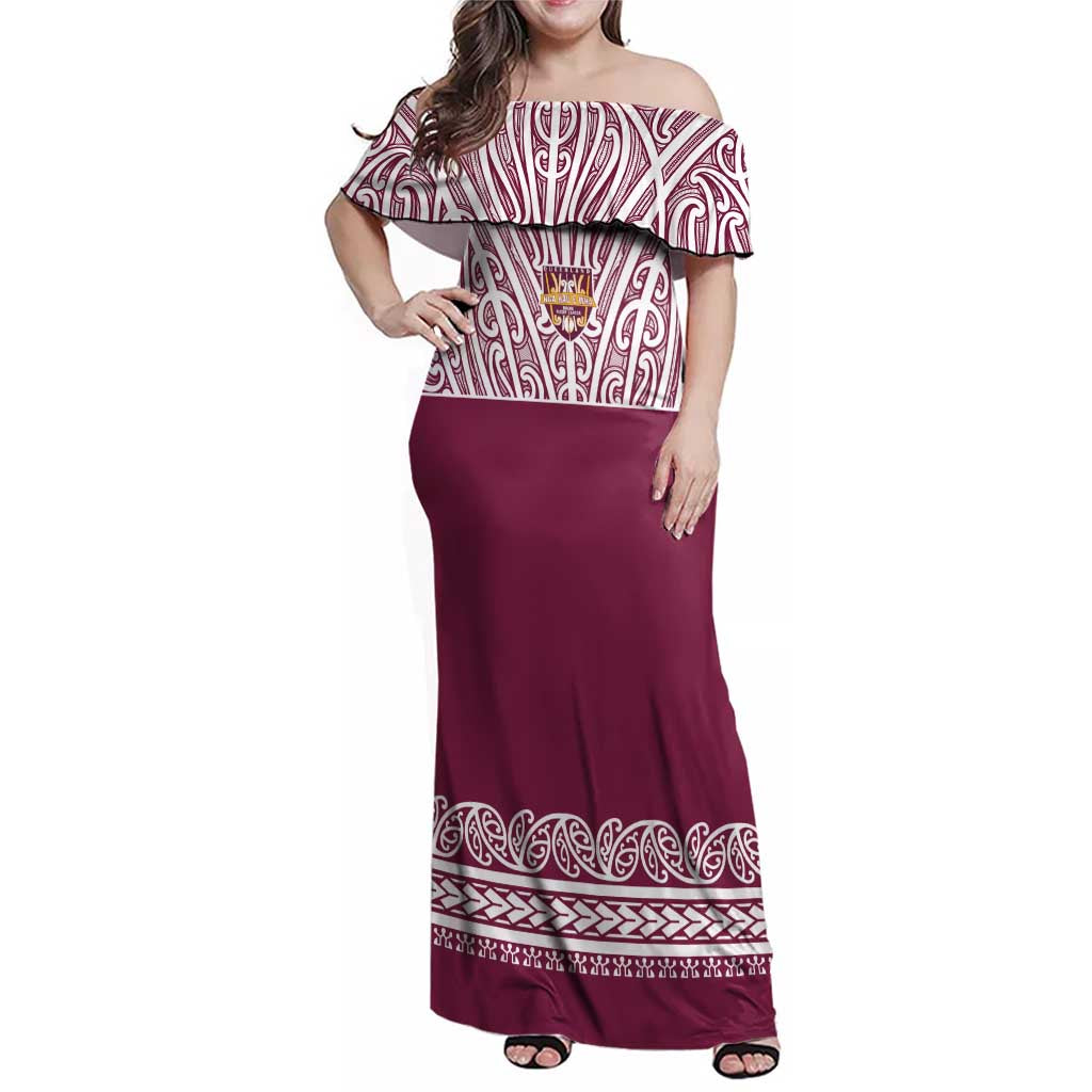 Queensland Maori Nga Hau E Wha Custom Family Matching Off Shoulder Maxi Dress and Hawaiian Shirt Polynesian Maori Tribal Pattern LT9 Mom's Dress Maroon - Polynesian Pride
