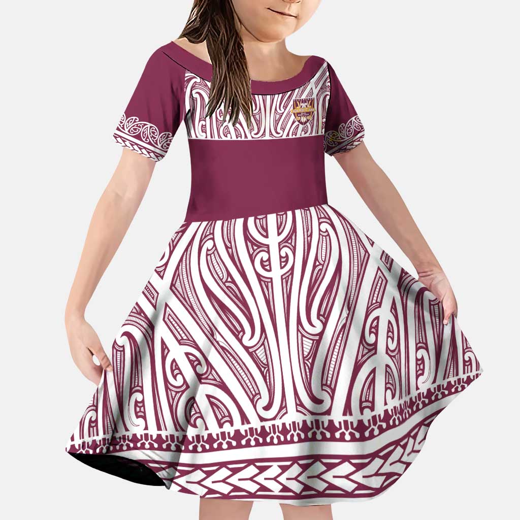Queensland Maori Nga Hau E Wha Custom Family Matching Puletasi and Hawaiian Shirt Polynesian Maori Tribal Pattern LT9 Daughter's Dress Maroon - Polynesian Pride