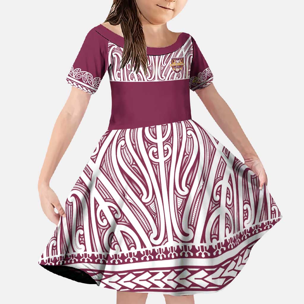 Queensland Maori Nga Hau E Wha Custom Family Matching Tank Maxi Dress and Hawaiian Shirt Polynesian Maori Tribal Pattern LT9 Daughter's Dress Maroon - Polynesian Pride