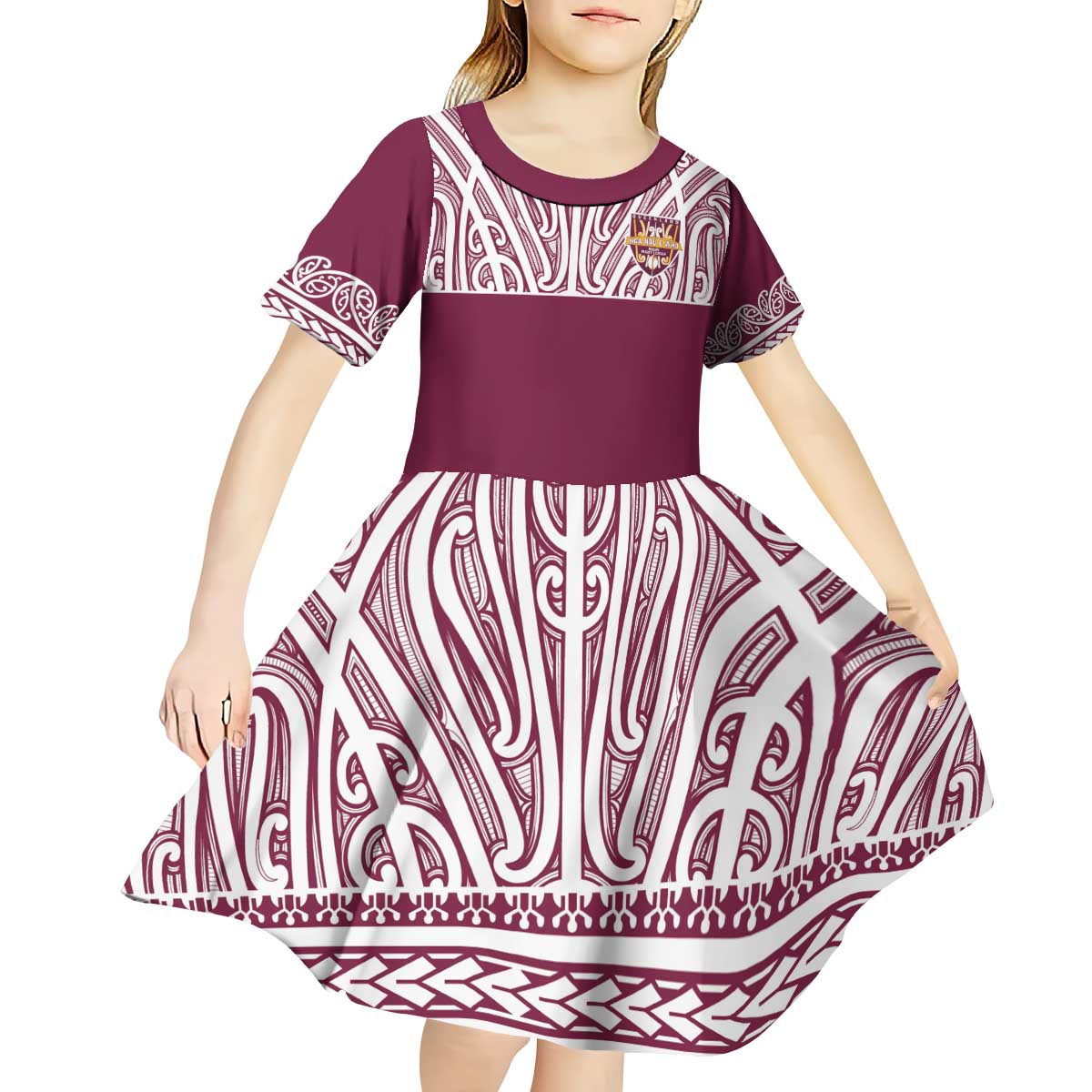 Queensland Maori Nga Hau E Wha Custom Kid Short Sleeve Dress Polynesian Maori Tribal Pattern