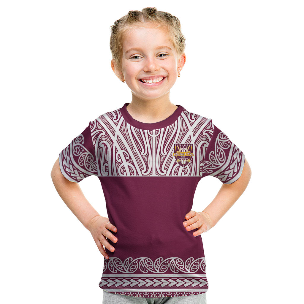 Queensland Maori Nga Hau E Wha Custom Kid T Shirt Polynesian Maori Tribal Pattern LT9 Maroon - Polynesian Pride