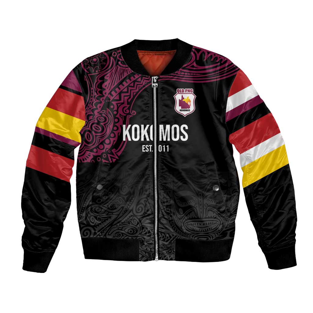 Queensland Papua New Guinea Custom Bomber Jacket All Black Pacific PNG Tribal Style LT9 Unisex Black - Polynesian Pride