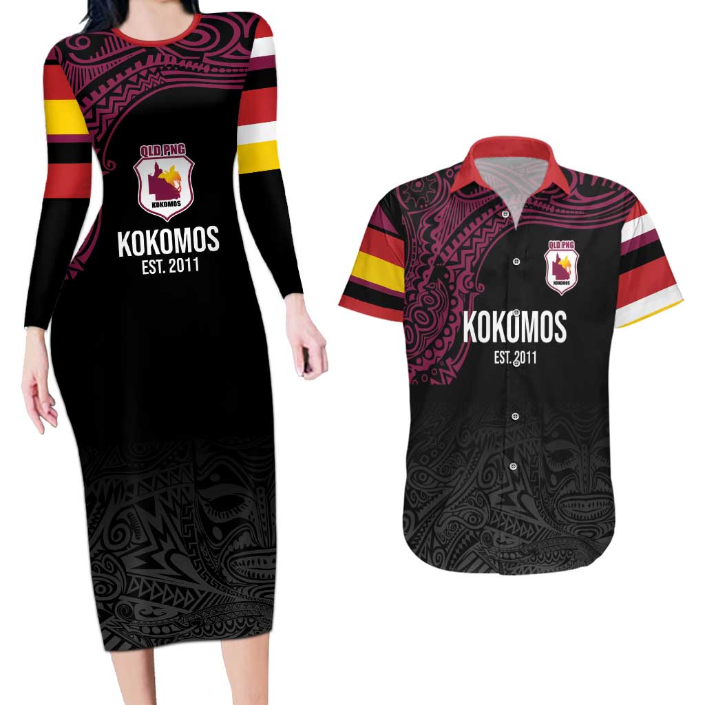 Queensland Papua New Guinea Custom Couples Matching Long Sleeve Bodycon Dress and Hawaiian Shirt All Black Pacific PNG Tribal Style LT9 Black - Polynesian Pride