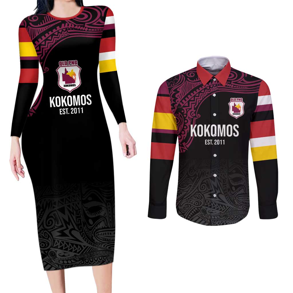Queensland Papua New Guinea Custom Couples Matching Long Sleeve Bodycon Dress and Long Sleeve Button Shirt All Black Pacific PNG Tribal Style
