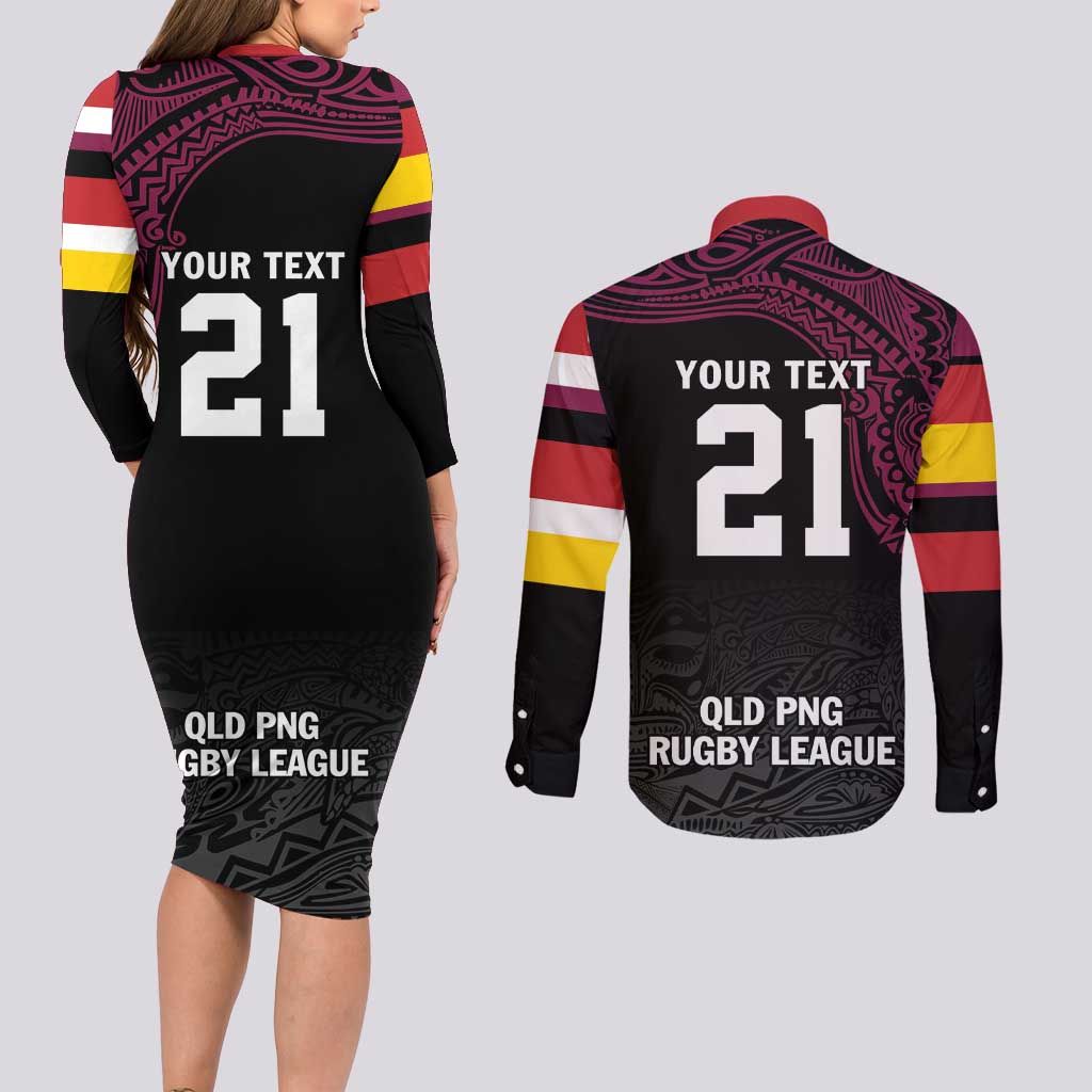 Queensland Papua New Guinea Custom Couples Matching Long Sleeve Bodycon Dress and Long Sleeve Button Shirt All Black Pacific PNG Tribal Style LT9 - Polynesian Pride