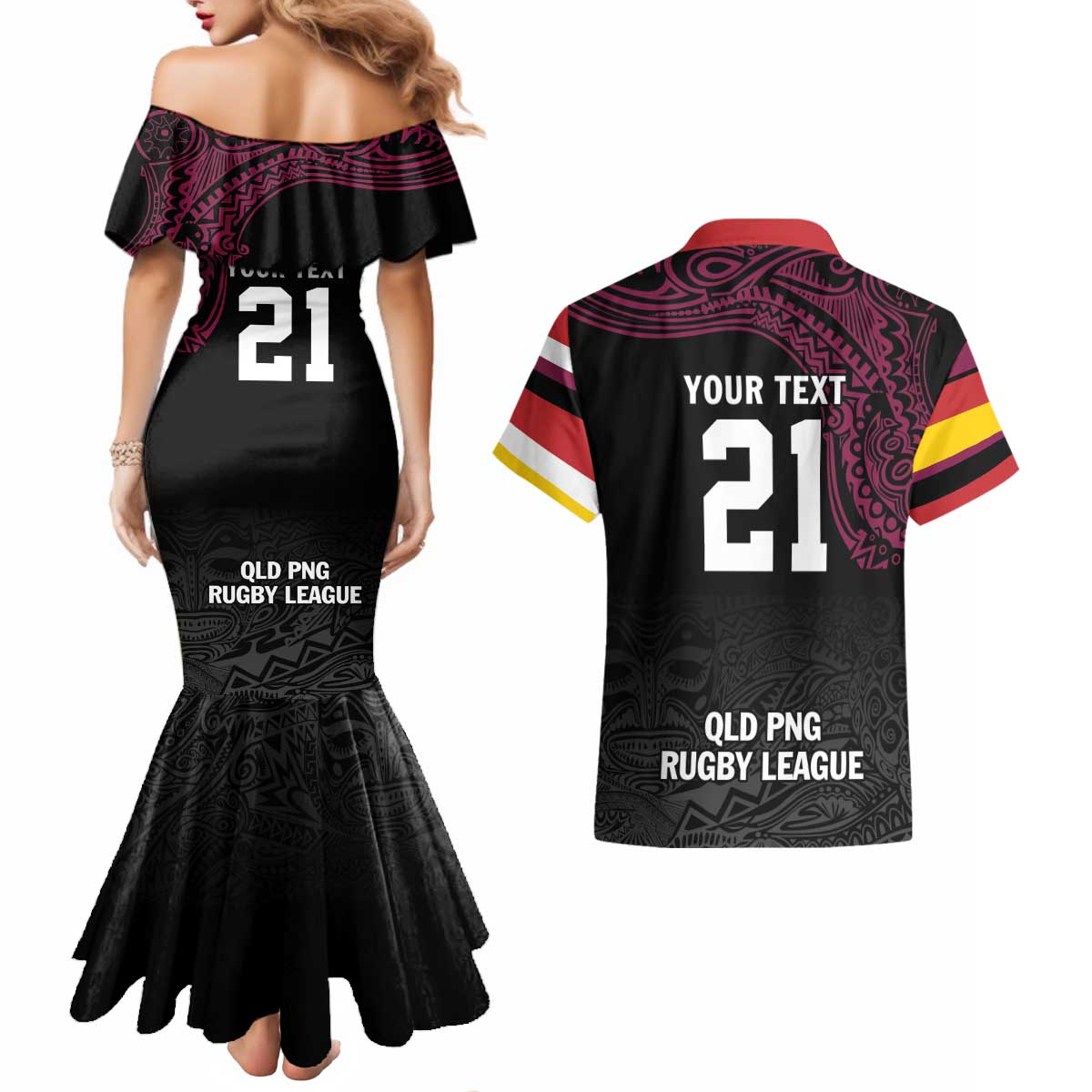 Queensland Papua New Guinea Custom Couples Matching Mermaid Dress and Hawaiian Shirt All Black Pacific PNG Tribal Style LT9 - Polynesian Pride