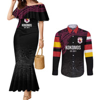 Queensland Papua New Guinea Custom Couples Matching Mermaid Dress and Long Sleeve Button Shirt All Black Pacific PNG Tribal Style LT9 Black - Polynesian Pride