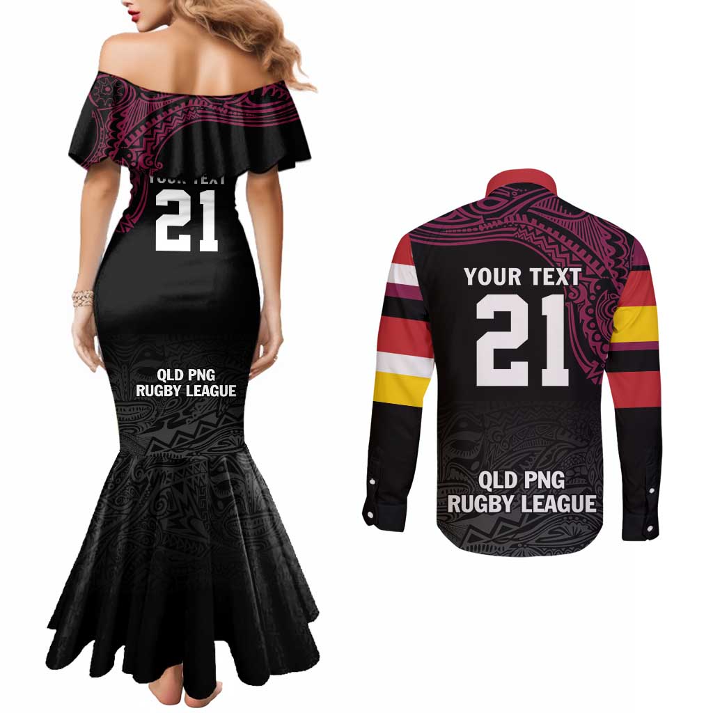 Queensland Papua New Guinea Custom Couples Matching Mermaid Dress and Long Sleeve Button Shirt All Black Pacific PNG Tribal Style LT9 - Polynesian Pride