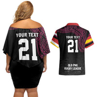 Queensland Papua New Guinea Custom Couples Matching Off Shoulder Short Dress and Hawaiian Shirt All Black Pacific PNG Tribal Style LT9 - Polynesian Pride