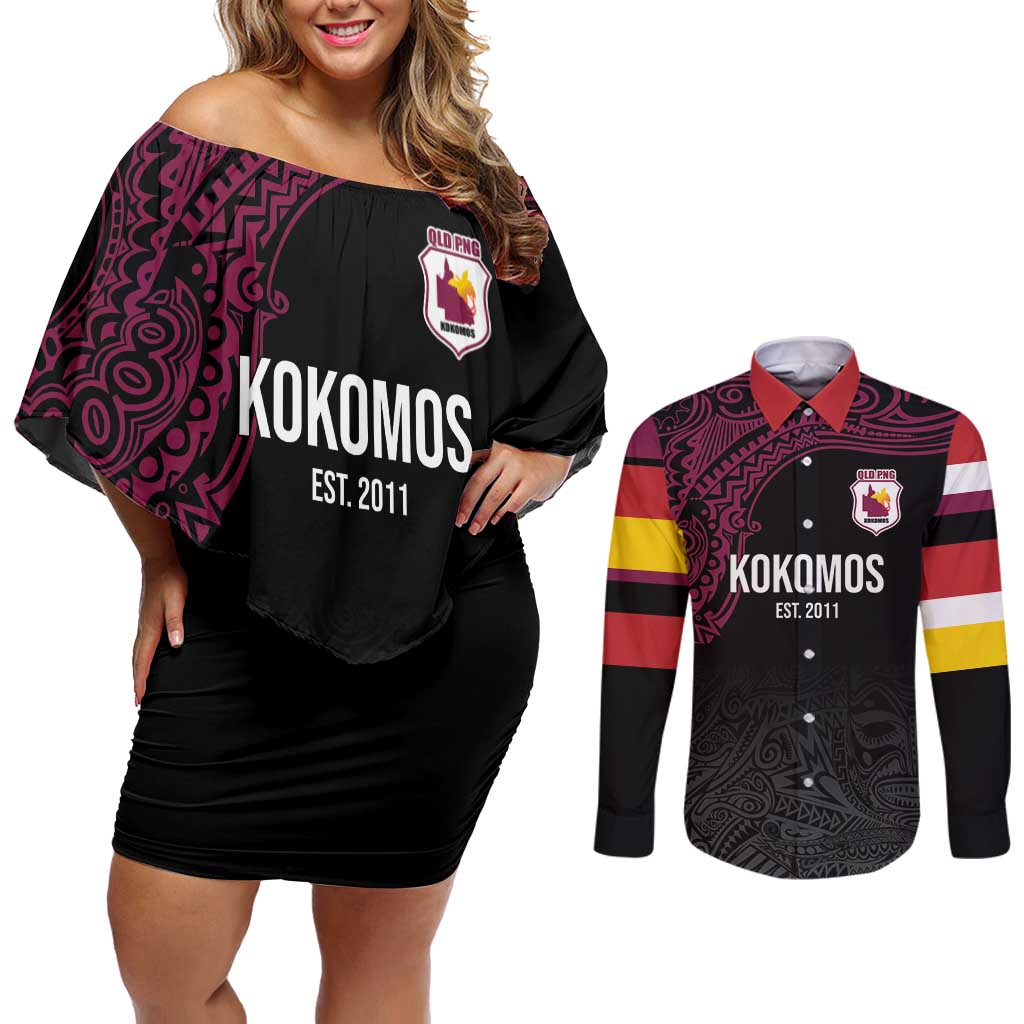Queensland Papua New Guinea Custom Couples Matching Off Shoulder Short Dress and Long Sleeve Button Shirt All Black Pacific PNG Tribal Style LT9 Black - Polynesian Pride