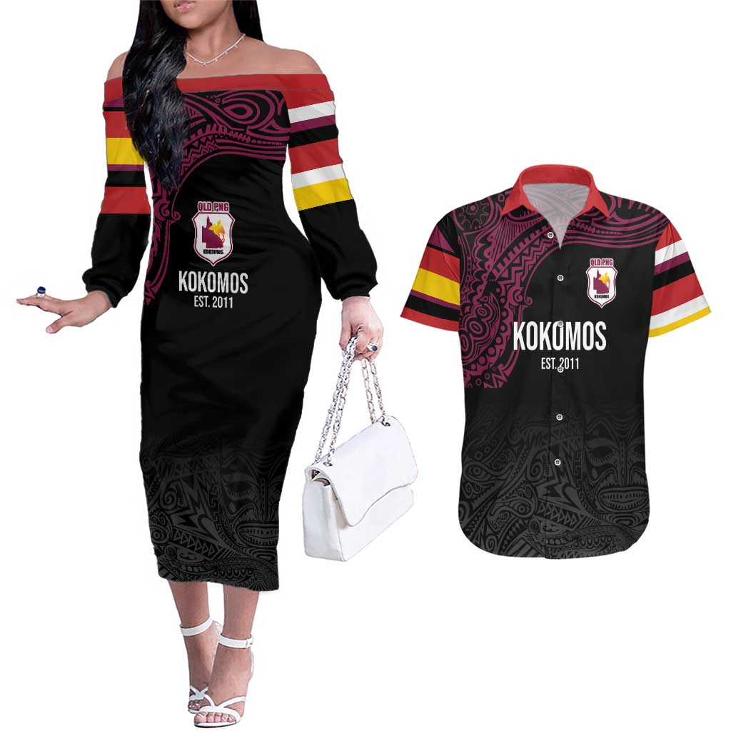 Queensland Papua New Guinea Custom Couples Matching Off The Shoulder Long Sleeve Dress and Hawaiian Shirt All Black Pacific PNG Tribal Style LT9 Black - Polynesian Pride