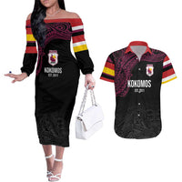 Queensland Papua New Guinea Custom Couples Matching Off The Shoulder Long Sleeve Dress and Hawaiian Shirt All Black Pacific PNG Tribal Style LT9 Black - Polynesian Pride