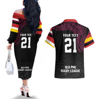 Queensland Papua New Guinea Custom Couples Matching Off The Shoulder Long Sleeve Dress and Hawaiian Shirt All Black Pacific PNG Tribal Style LT9 - Polynesian Pride