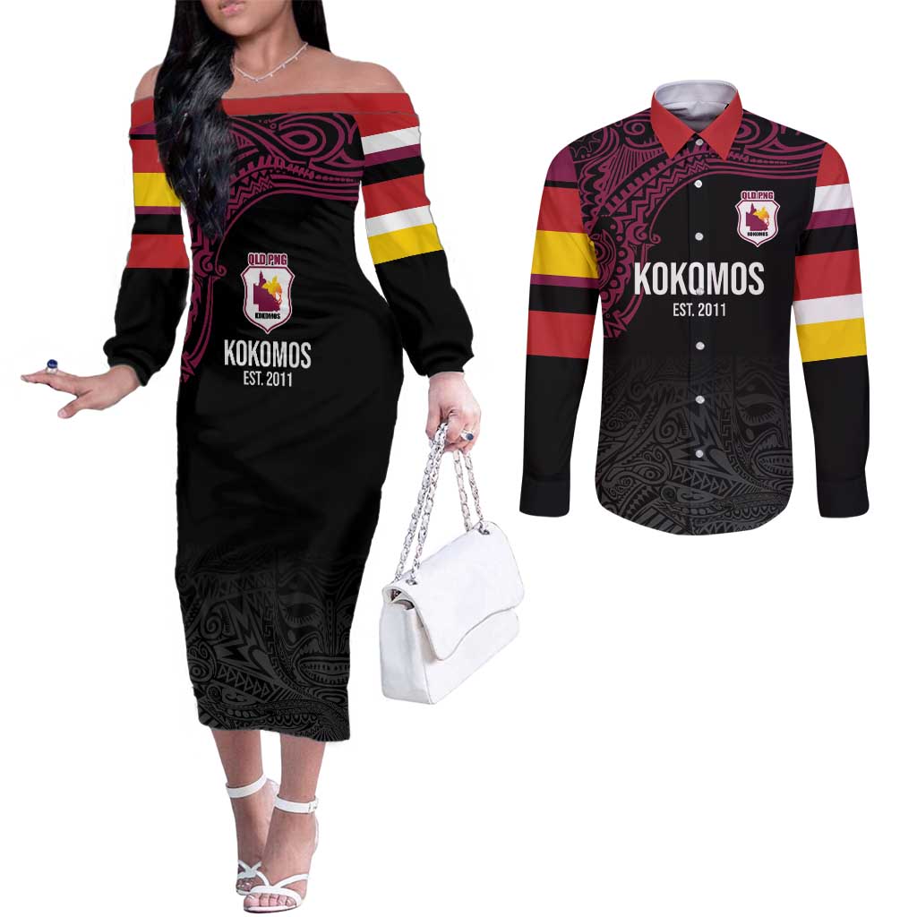 Queensland Papua New Guinea Custom Couples Matching Off The Shoulder Long Sleeve Dress and Long Sleeve Button Shirt All Black Pacific PNG Tribal Style LT9 Black - Polynesian Pride