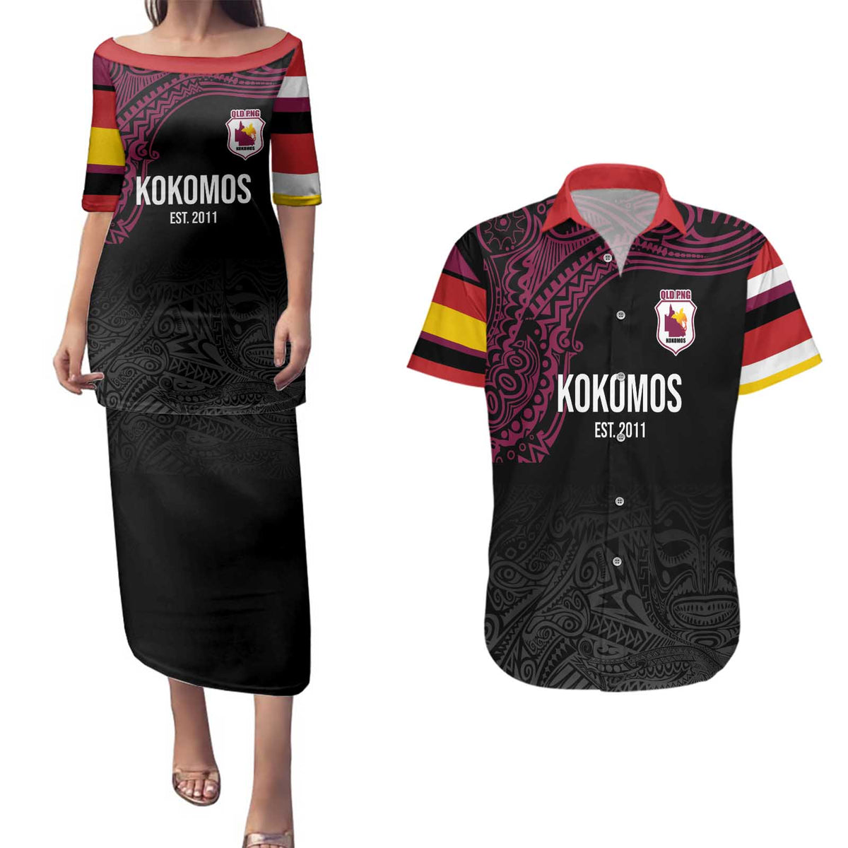 Queensland Papua New Guinea Custom Couples Matching Puletasi and Hawaiian Shirt All Black Pacific PNG Tribal Style LT9 Black - Polynesian Pride