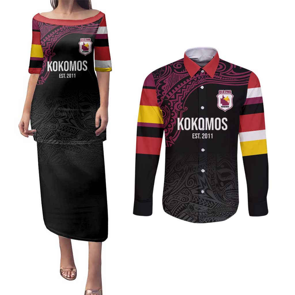 Queensland Papua New Guinea Custom Couples Matching Puletasi and Long Sleeve Button Shirt All Black Pacific PNG Tribal Style LT9 Black - Polynesian Pride