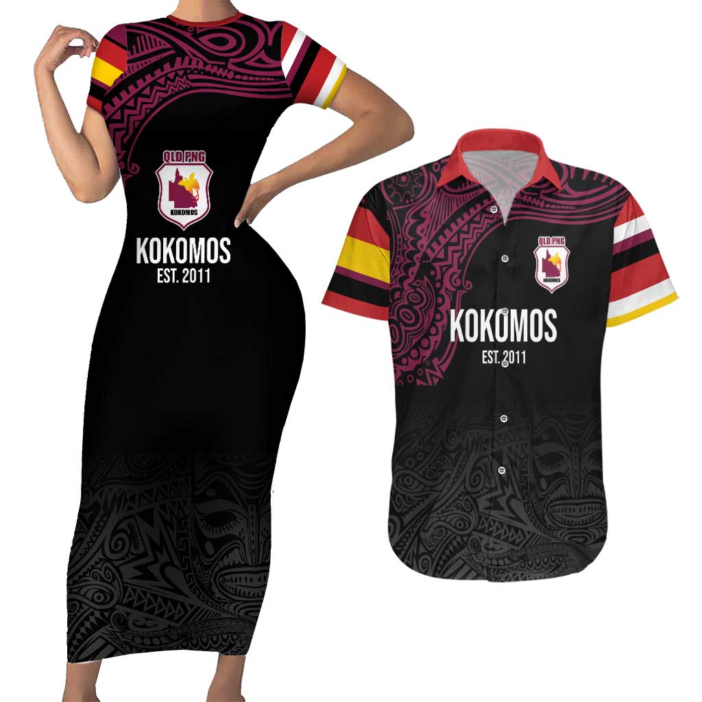 Queensland Papua New Guinea Custom Couples Matching Short Sleeve Bodycon Dress and Hawaiian Shirt All Black Pacific PNG Tribal Style LT9 Black - Polynesian Pride