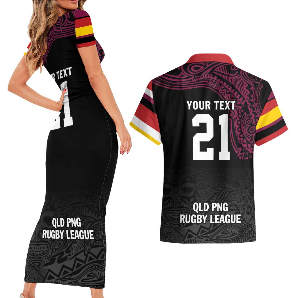Queensland Papua New Guinea Custom Couples Matching Short Sleeve Bodycon Dress and Hawaiian Shirt All Black Pacific PNG Tribal Style LT9 - Polynesian Pride