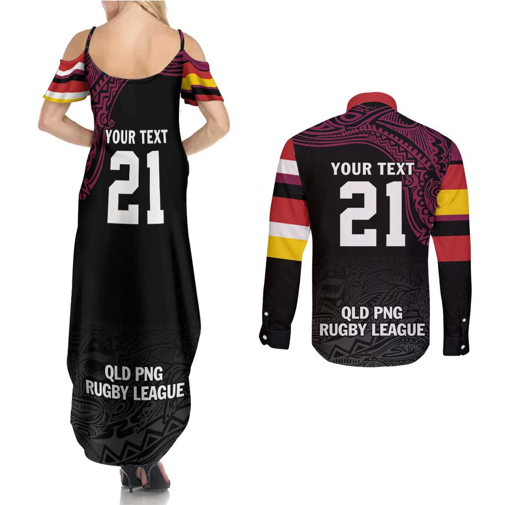 Queensland Papua New Guinea Custom Couples Matching Summer Maxi Dress and Long Sleeve Button Shirt All Black Pacific PNG Tribal Style LT9 - Polynesian Pride