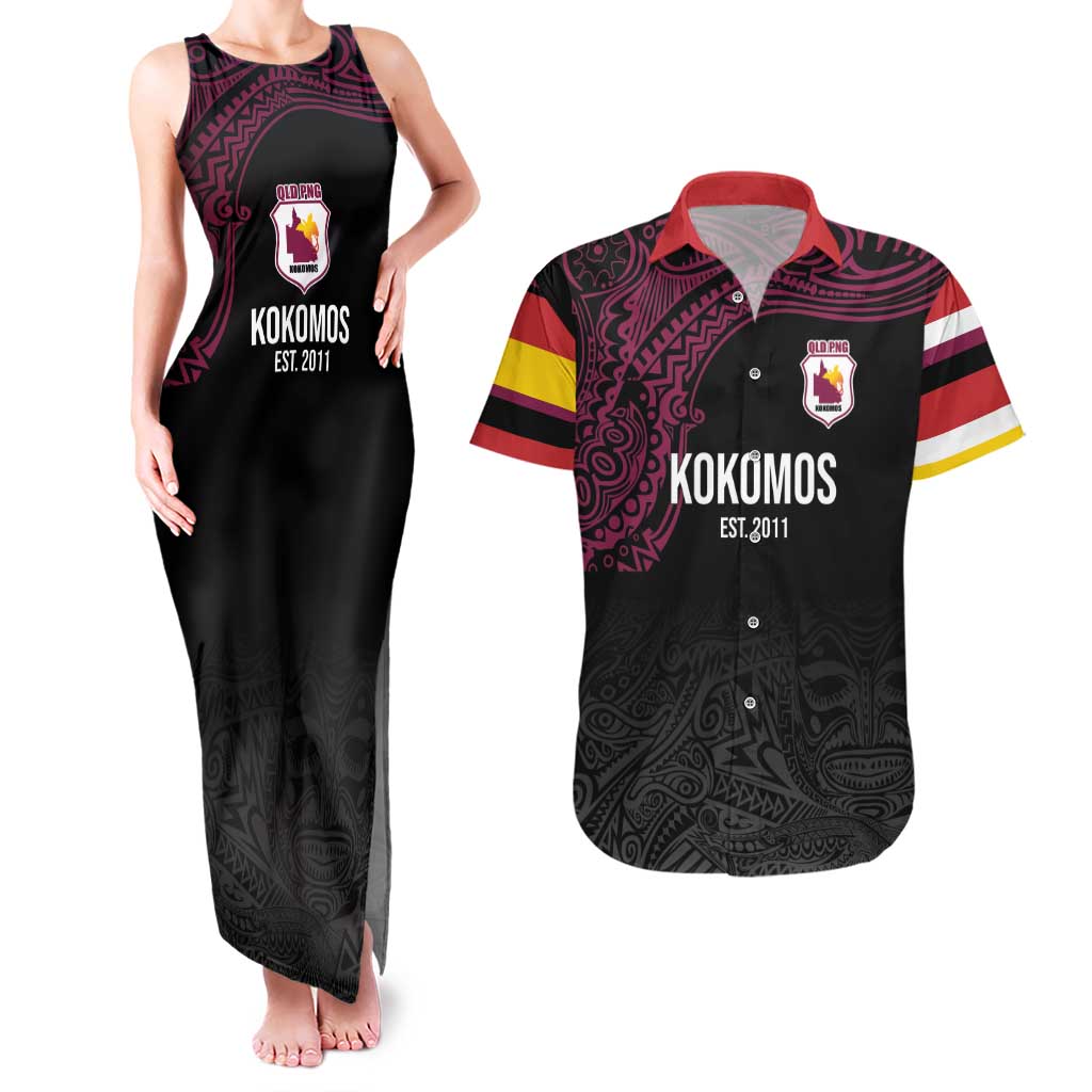 Queensland Papua New Guinea Custom Couples Matching Tank Maxi Dress and Hawaiian Shirt All Black Pacific PNG Tribal Style LT9 Black - Polynesian Pride