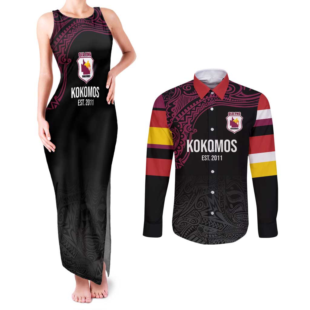 Queensland Papua New Guinea Custom Couples Matching Tank Maxi Dress and Long Sleeve Button Shirt All Black Pacific PNG Tribal Style LT9 Black - Polynesian Pride
