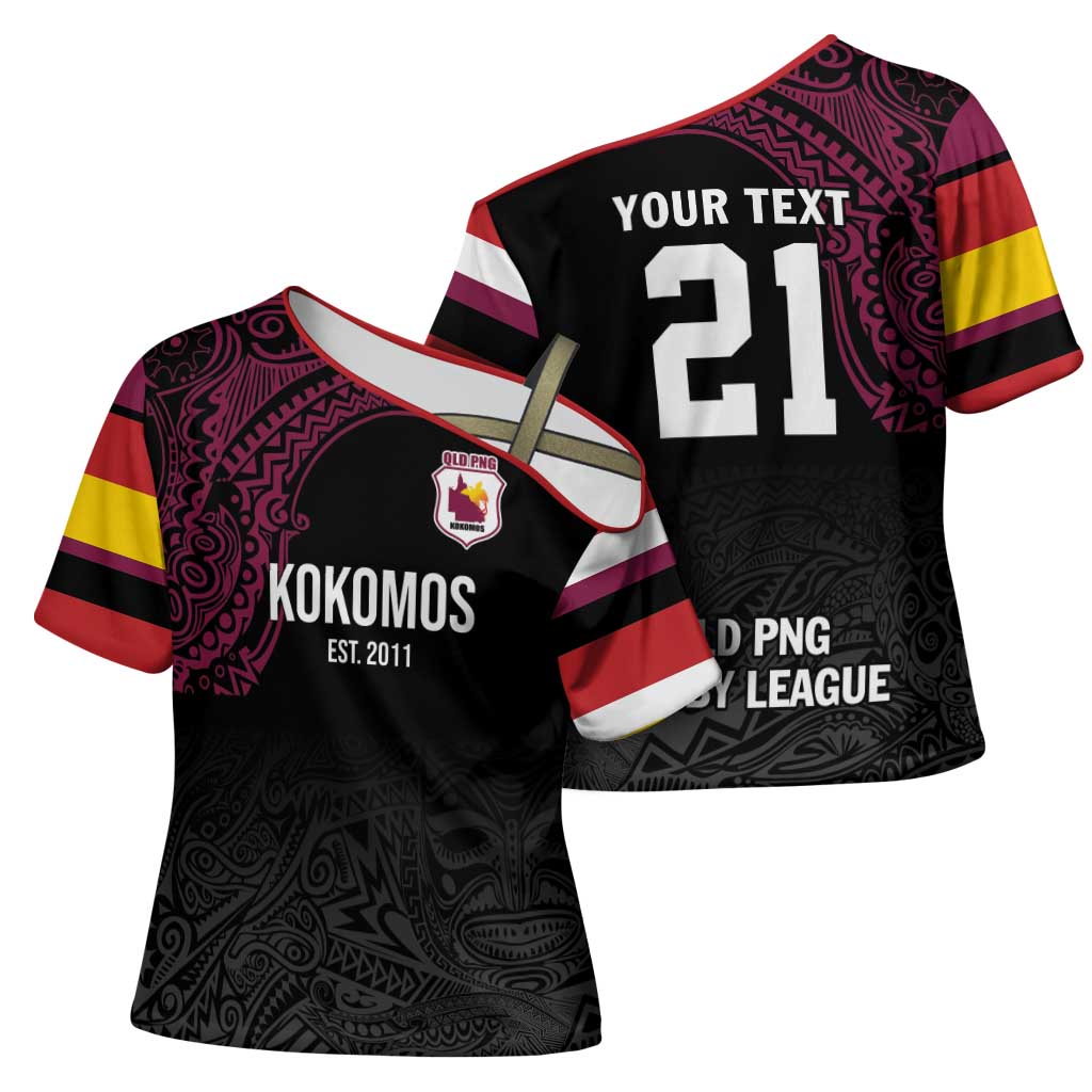 Queensland Papua New Guinea Custom Cross Shoulder Shirt All Black Pacific PNG Tribal Style LT9 - Polynesian Pride
