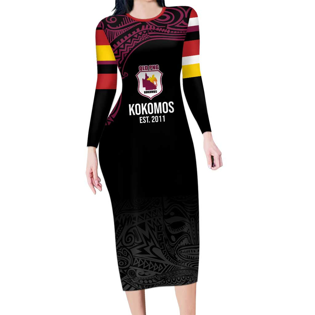 Queensland Papua New Guinea Custom Family Matching Long Sleeve Bodycon Dress and Hawaiian Shirt All Black Pacific PNG Tribal Style LT9 Mom's Dress Black - Polynesian Pride