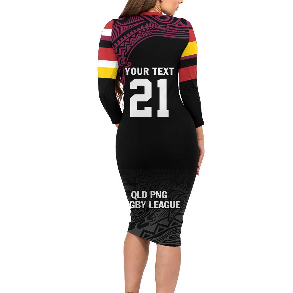 Queensland Papua New Guinea Custom Family Matching Long Sleeve Bodycon Dress and Hawaiian Shirt All Black Pacific PNG Tribal Style LT9 - Polynesian Pride