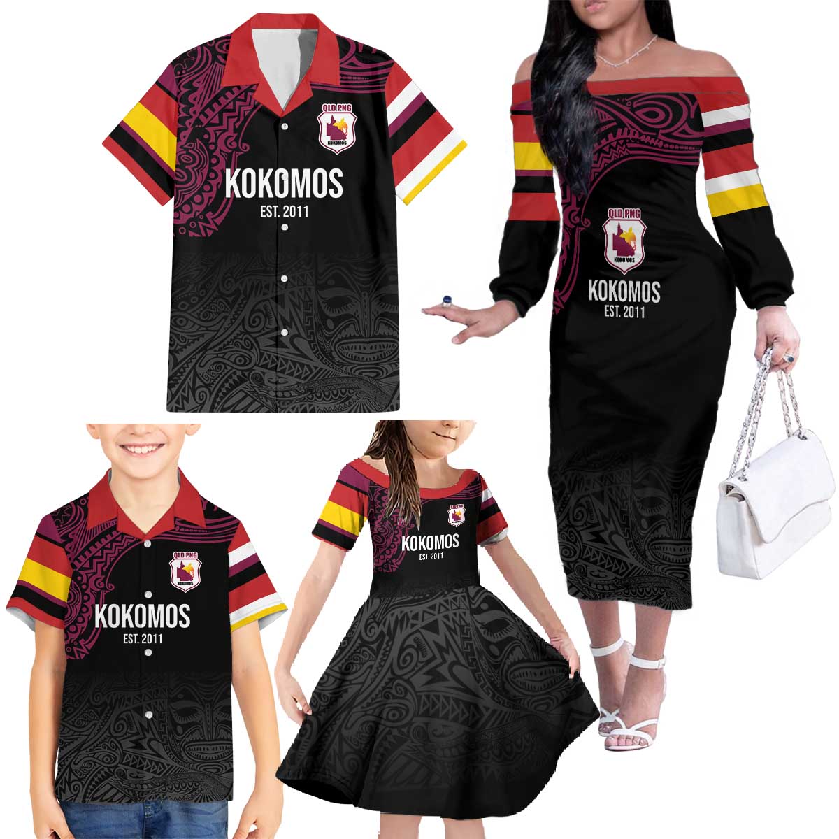 Queensland Papua New Guinea Custom Family Matching Off The Shoulder Long Sleeve Dress and Hawaiian Shirt All Black Pacific PNG Tribal Style LT9 - Polynesian Pride