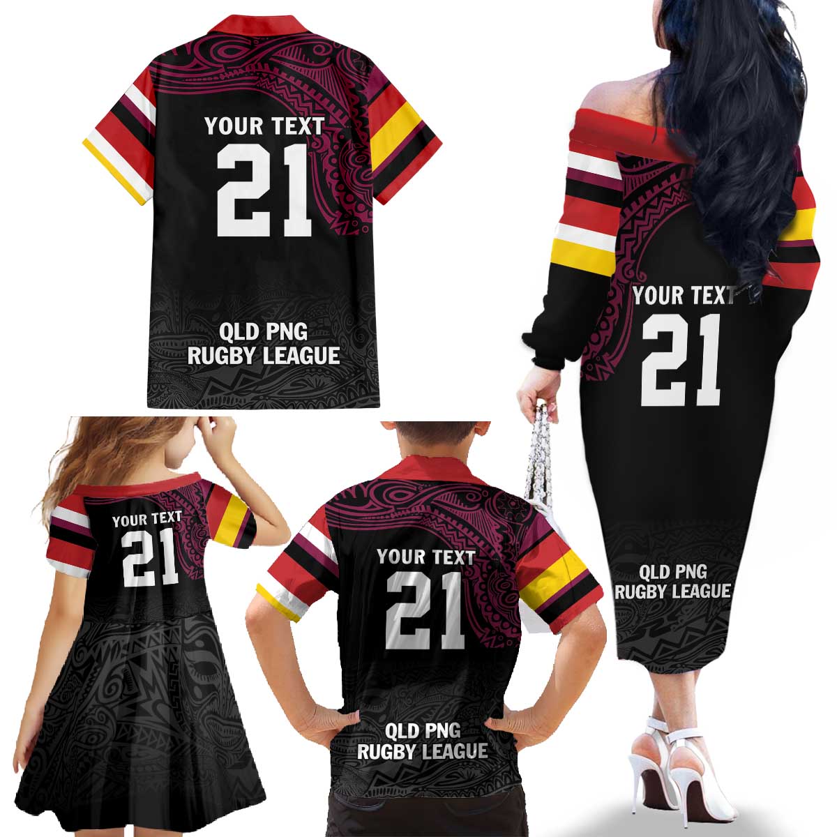 Queensland Papua New Guinea Custom Family Matching Off The Shoulder Long Sleeve Dress and Hawaiian Shirt All Black Pacific PNG Tribal Style LT9 - Polynesian Pride